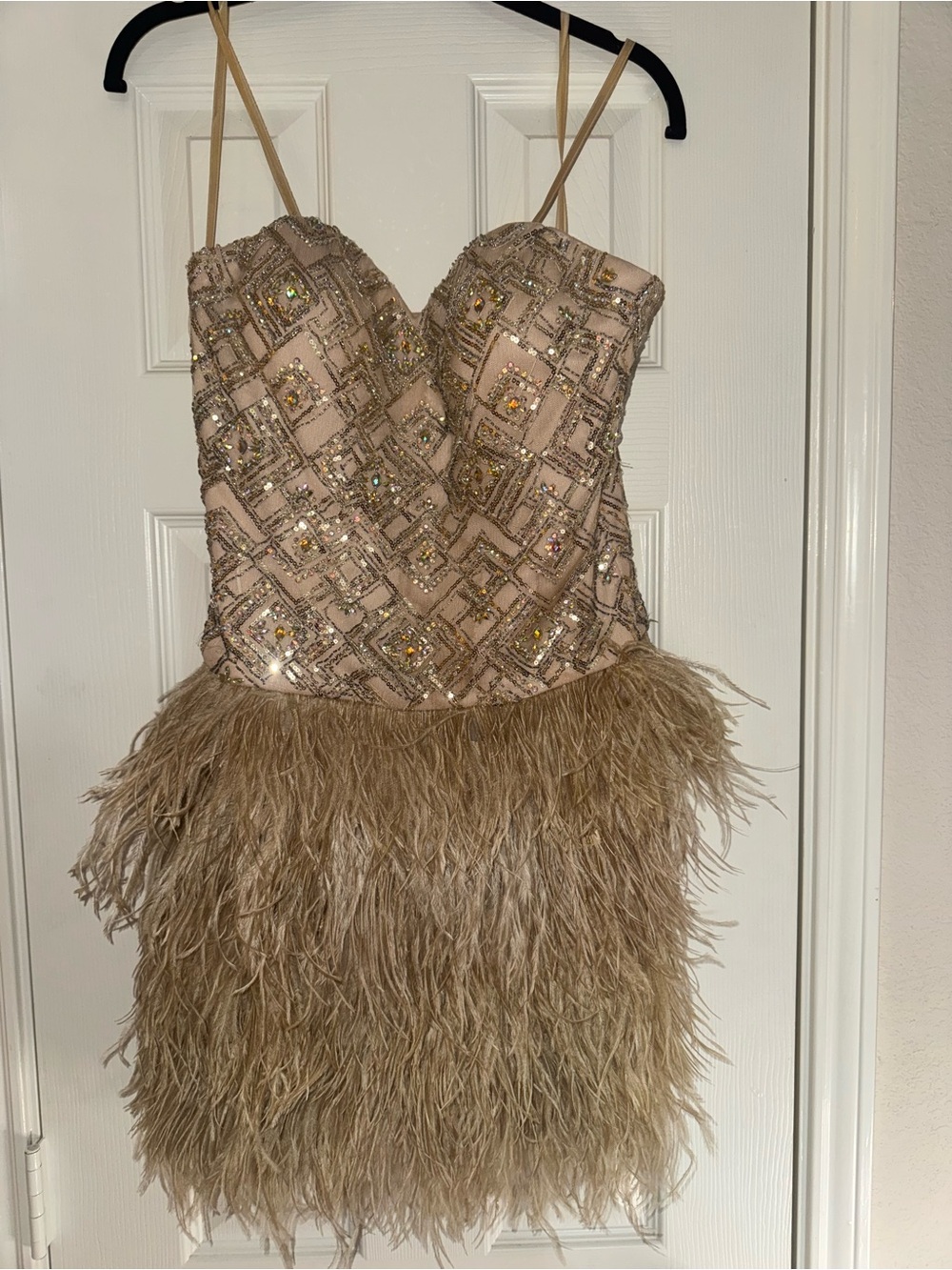 La Femme Embellished Feather-Trim Nude Cocktail Dress